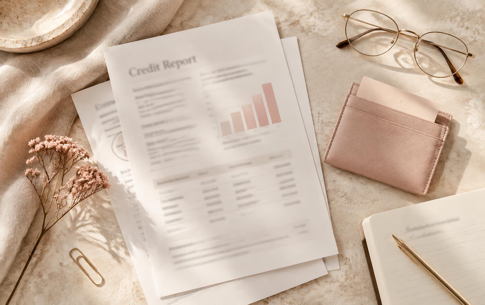 Printed credit report, blush card holder and gold-rimmed glasses on an ivory stone surface
