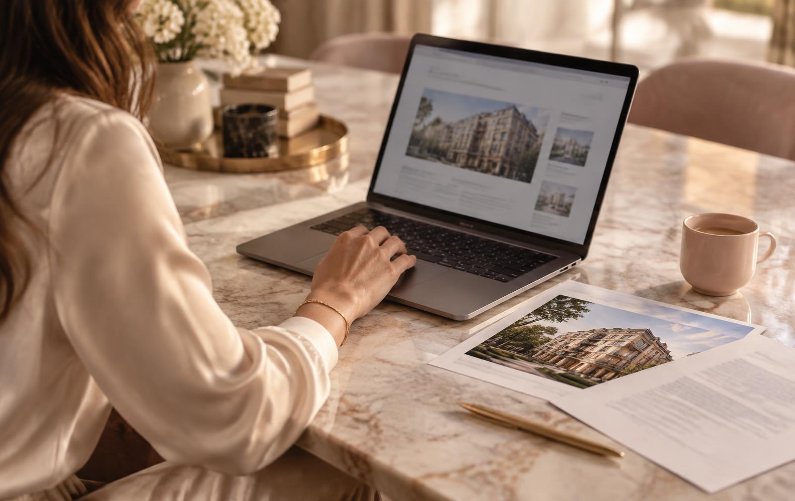 Woman reviewing residential property listings on a laptop at a marble table
