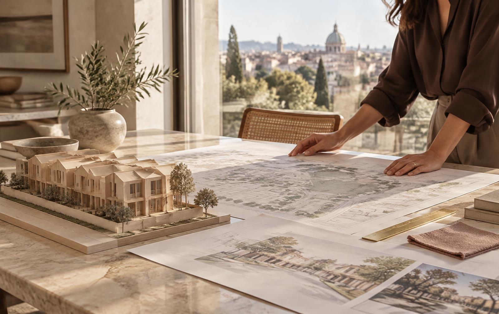 Hands over large site plans beside a wooden model of townhouses in a sunlit studio