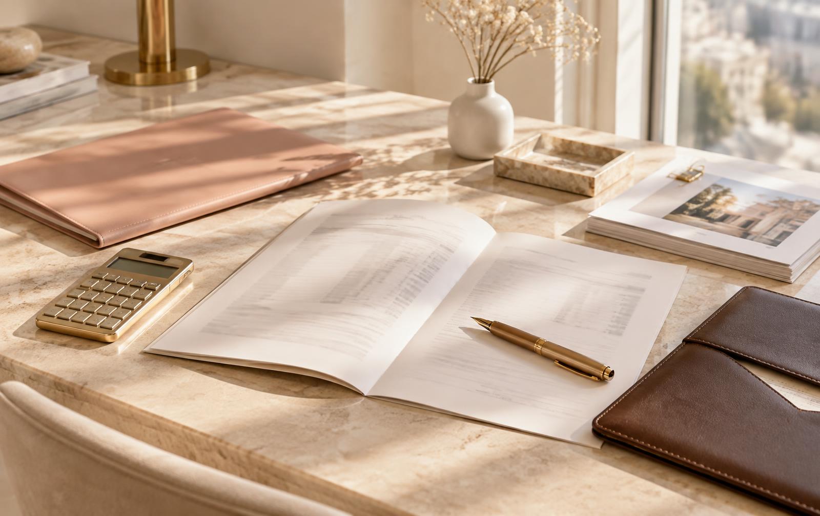 Payment statement, brass calculator and leather folio on a sunlit ivory stone desk